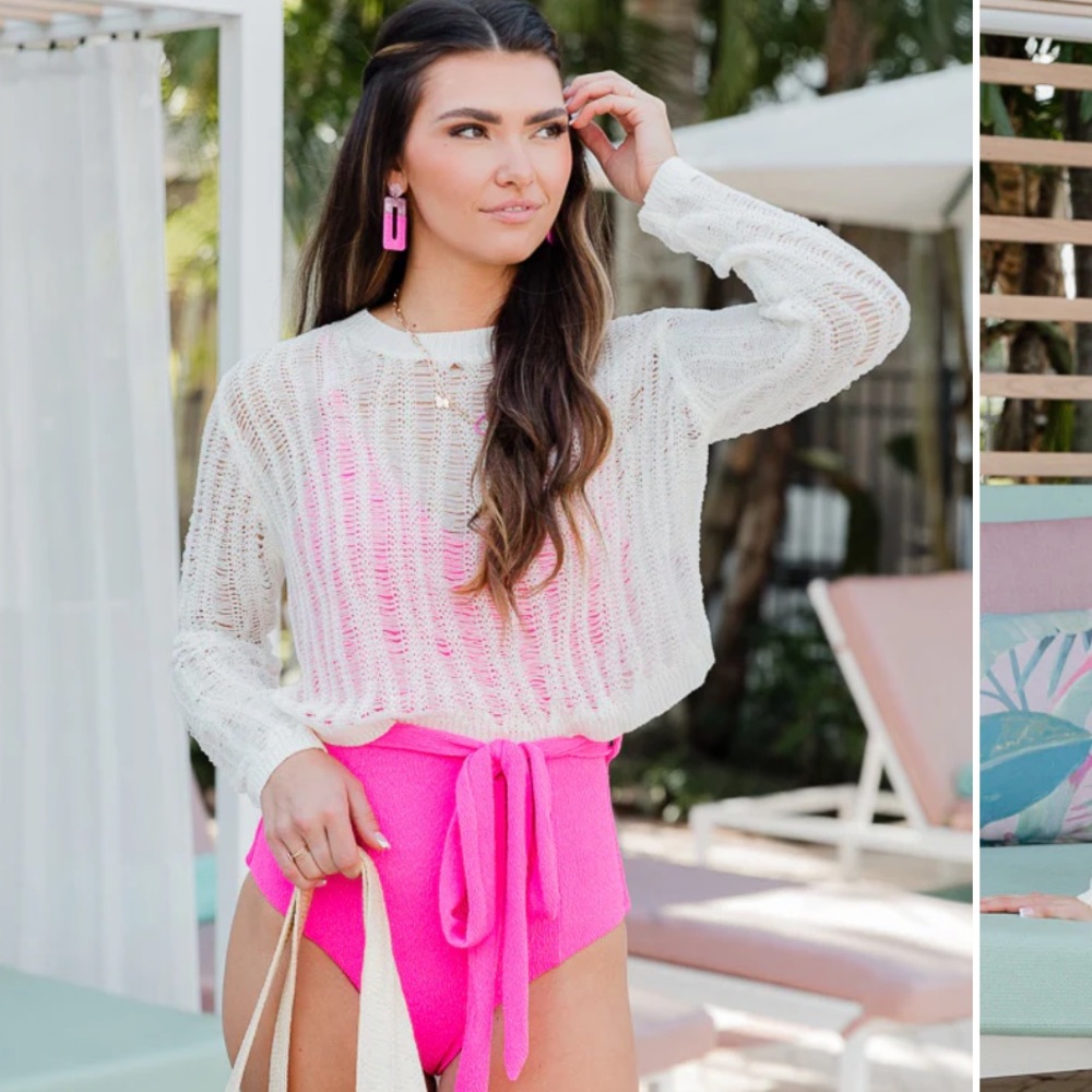 New Pink Lily LET'S GET GOING IVORY OPEN KNIT DISTRESSED SWEATER